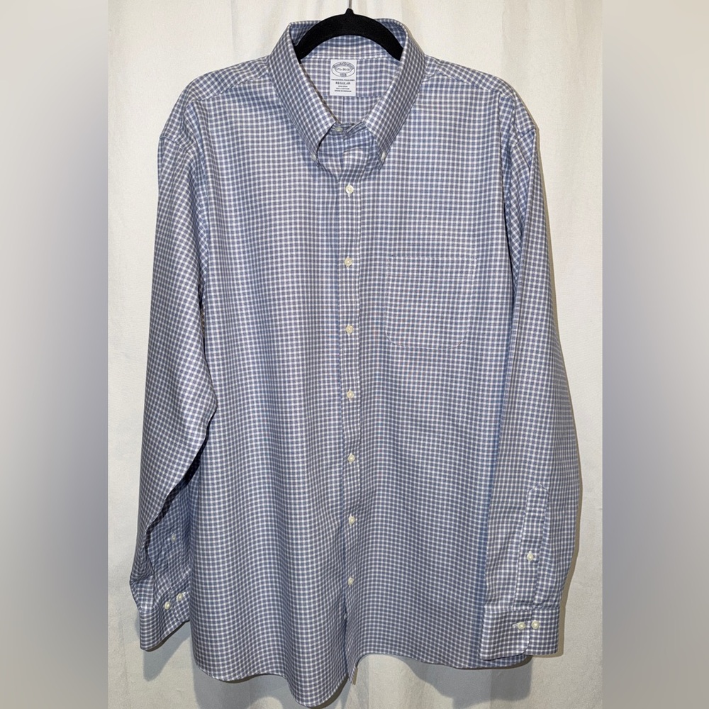 Brooks Brothers 1818 NON-IRON Long Sleeve Shirt Blue White Plaid Mens 17.5 36/37 - Picture 3 of 11